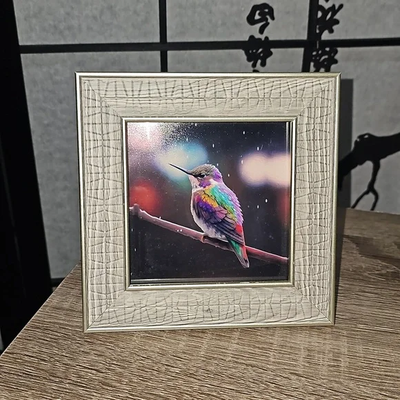 Framed 4x4 Hummingbird Fantasy Art Watercolor Oil Painting Print - Picture 1 of 11